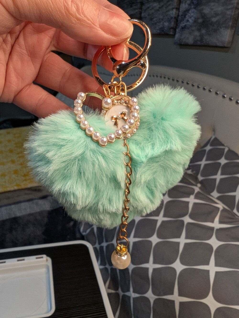 Mint Faux Fur Heart Keychain with Pearl Charms